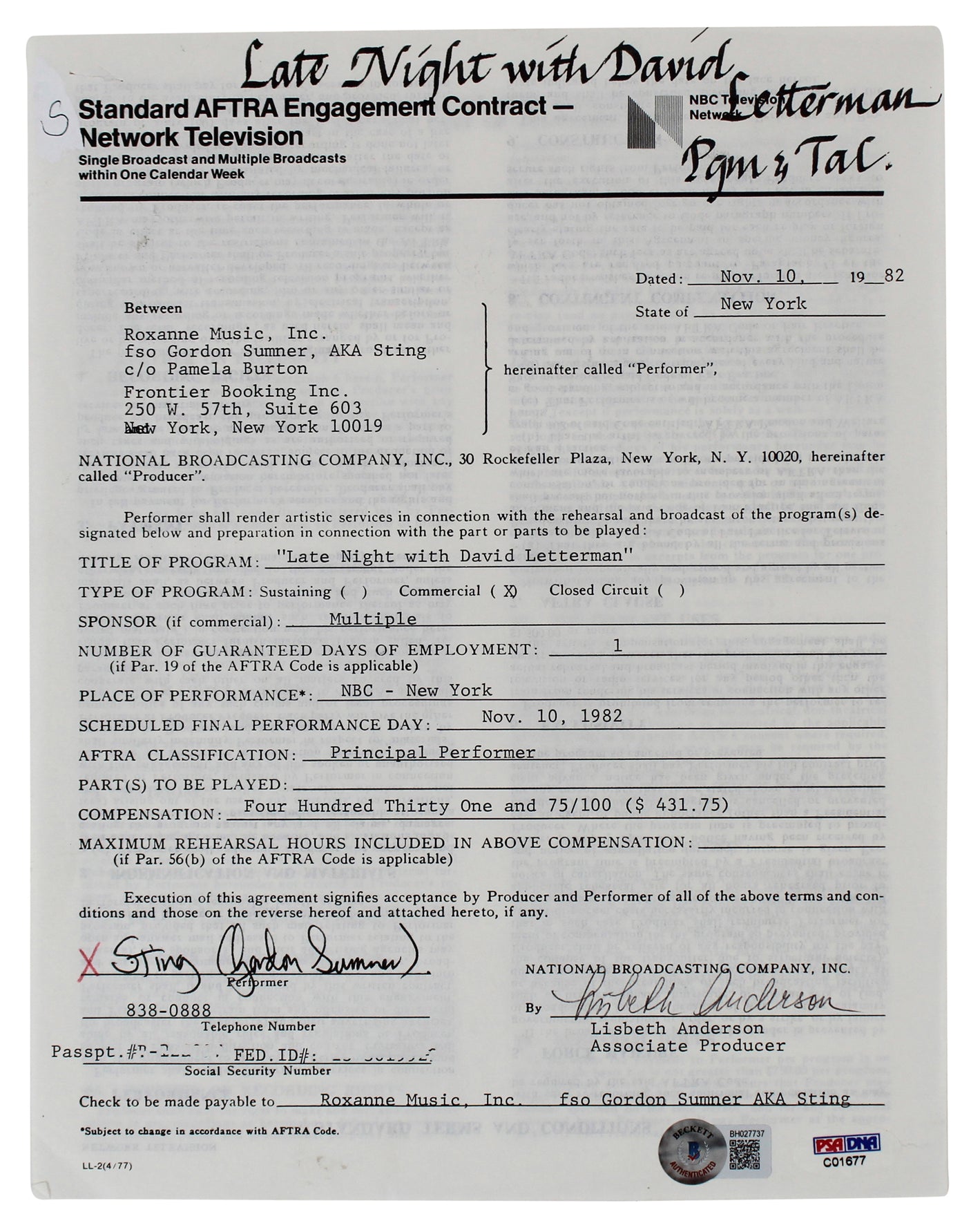 Sting Signed 8.5x11 1982 Late Night With David Letterman Contract BAS #BH027737