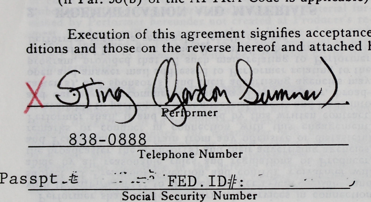 Sting Signed 8.5x11 1982 Late Night With David Letterman Contract BAS #BH027737