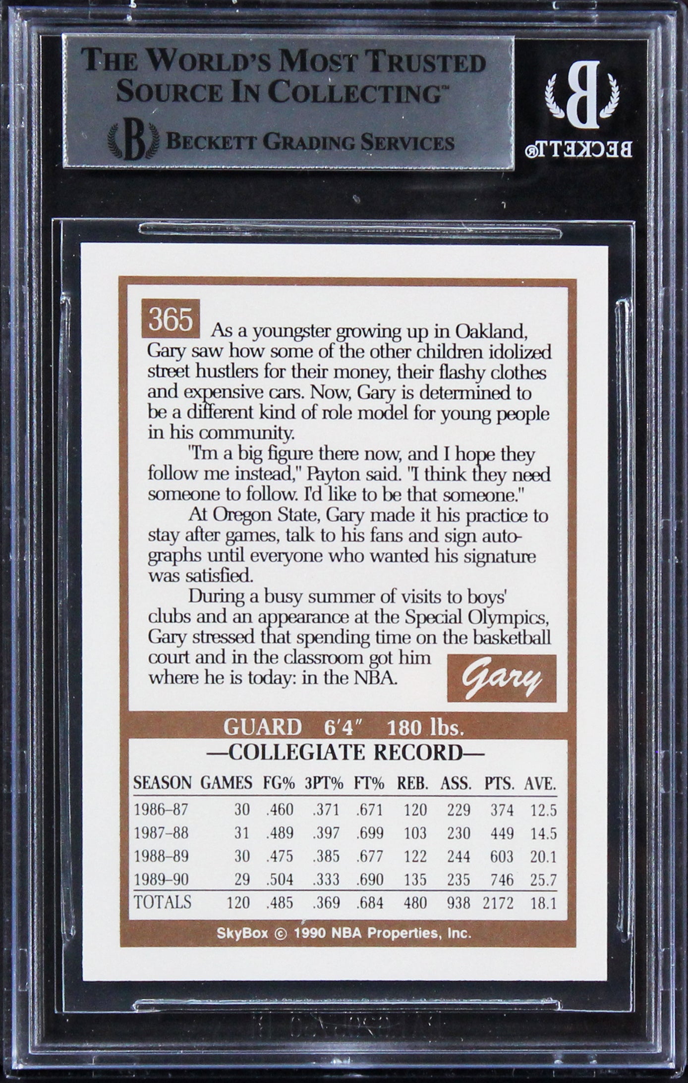 Sonics Gary Payton Authentic Signed 1990 Skybox #365 Rookie Card BAS Slabbed