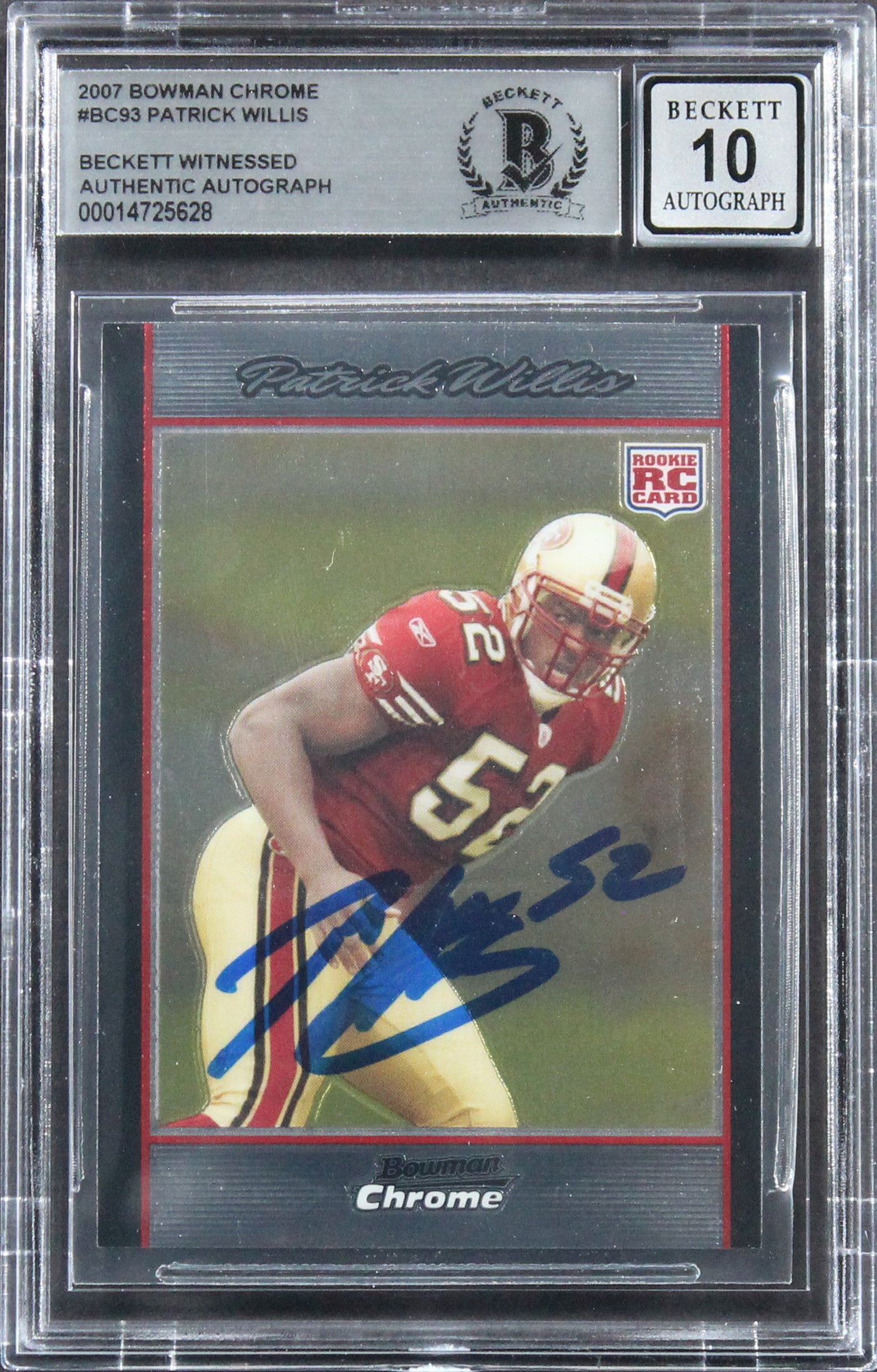 49ers Patrick Willis Signed 2007 Bowman Chrome #BC93 RC Card Auto 10 BAS Slabbed