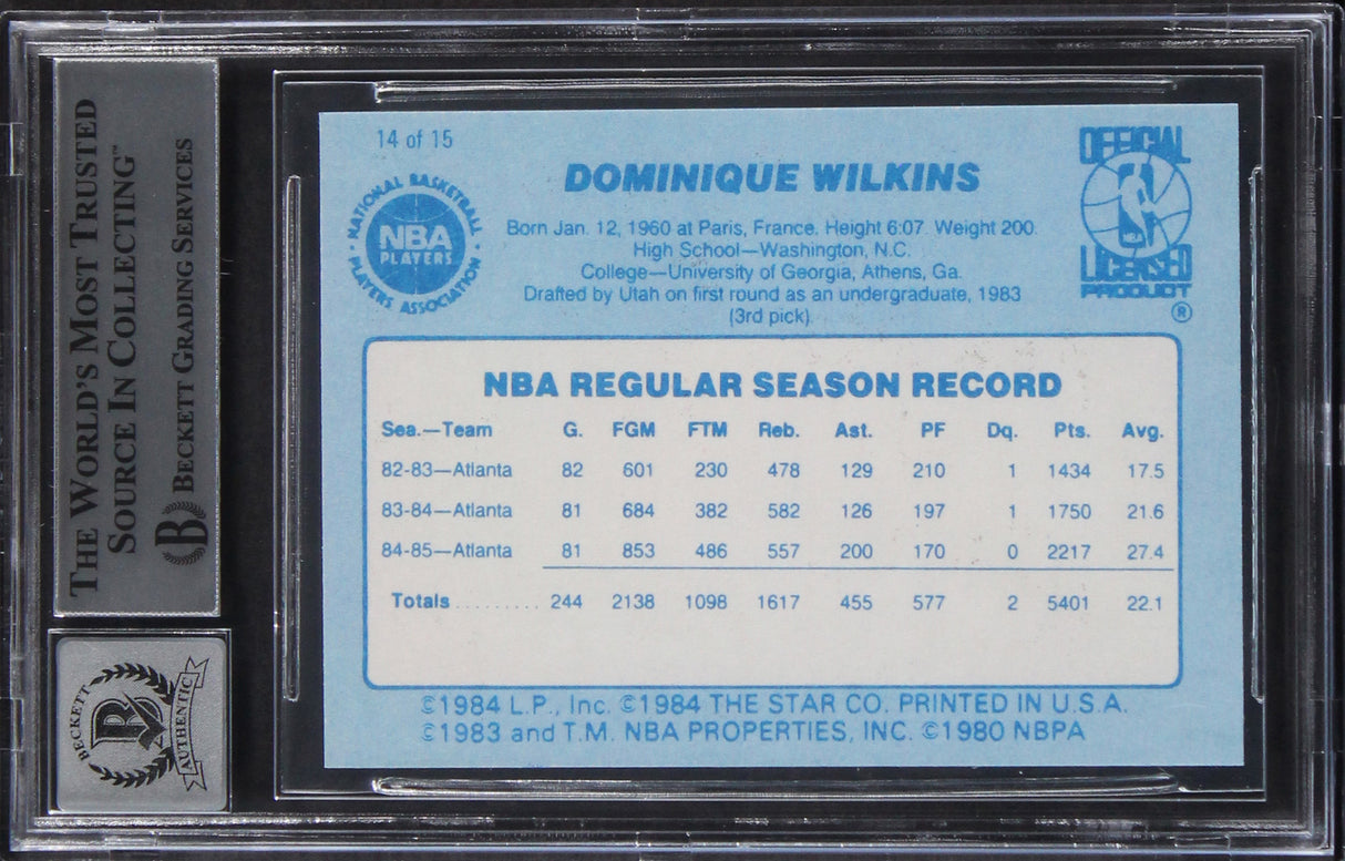 Hawks Dominique Wilkins "HOF 06" Signed 1986 Star BOB #14 Card Auto 10! BAS Slab