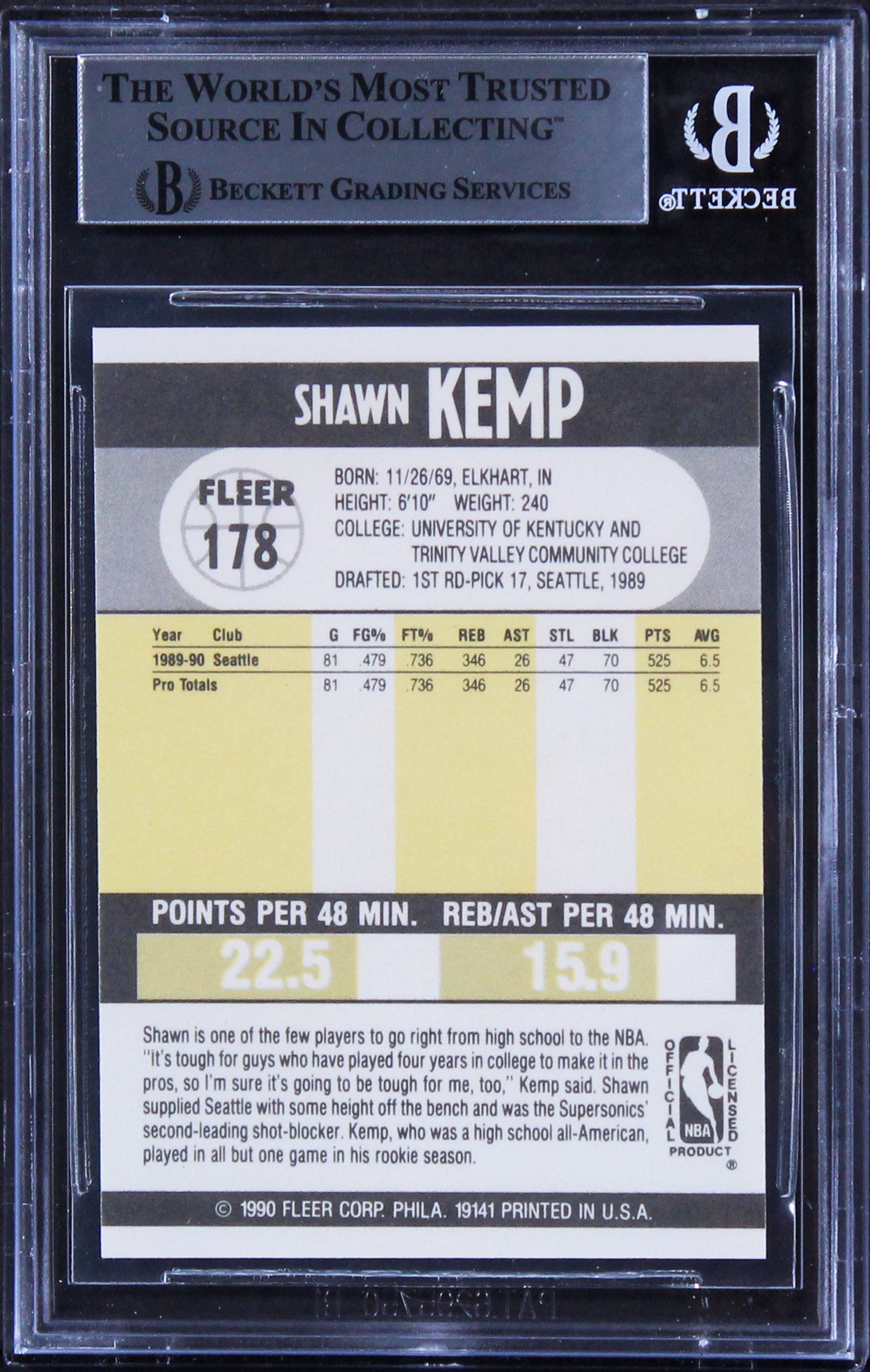Sonics Shawn Kemp Authentic Signed 1990 Fleer #178 Rookie Card BAS Slabbed