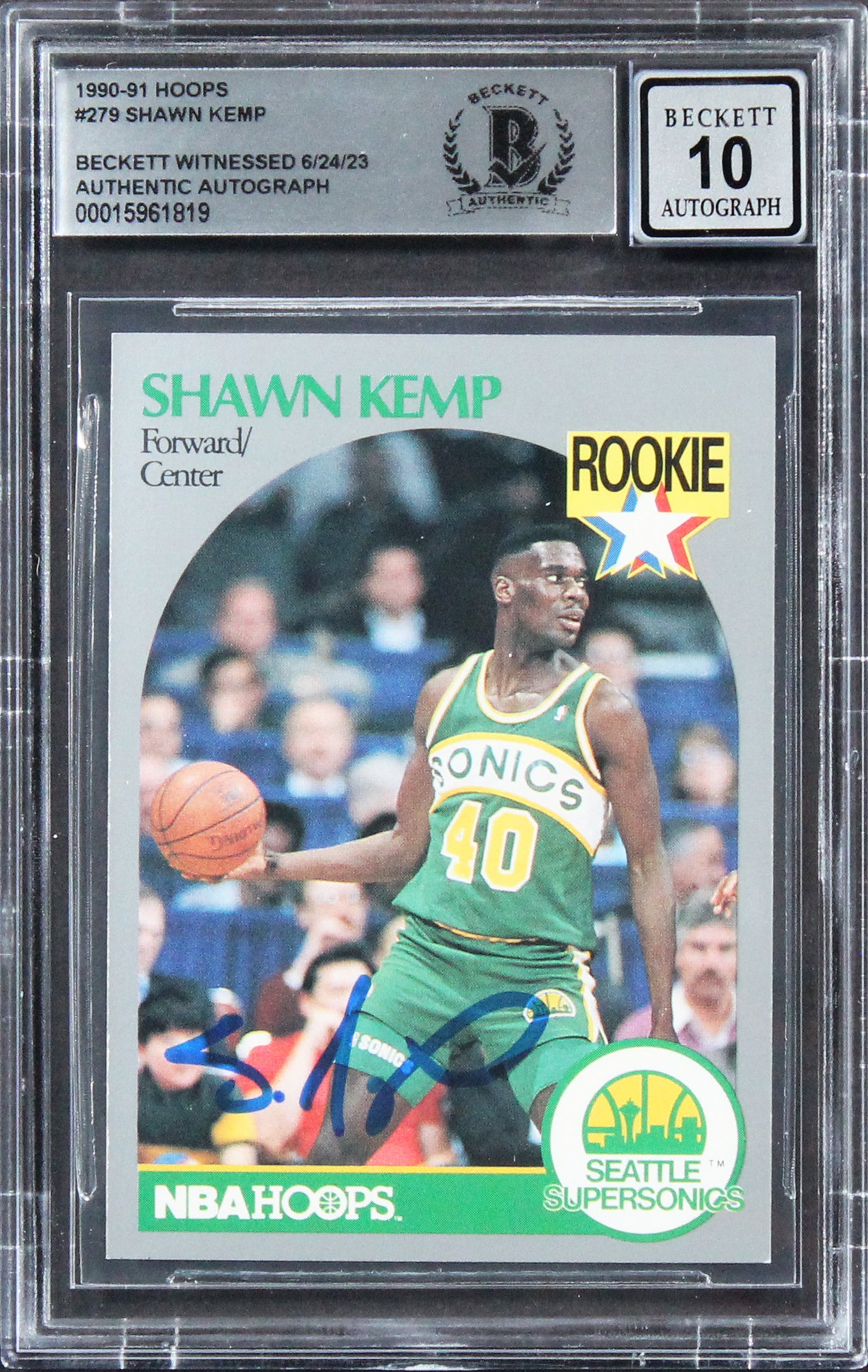 Sonics Shawn Kemp Signed 1990 Hoops #279 Rookie Card Auto 10! BAS Slabbed