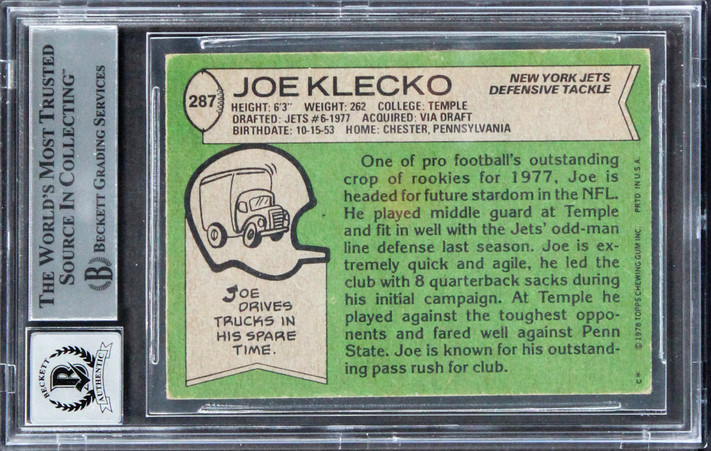 Jets Joe Klecko "HOF 23" Signed 1978 Topps #287 Rookie Card Auto 10! BAS Slabbed