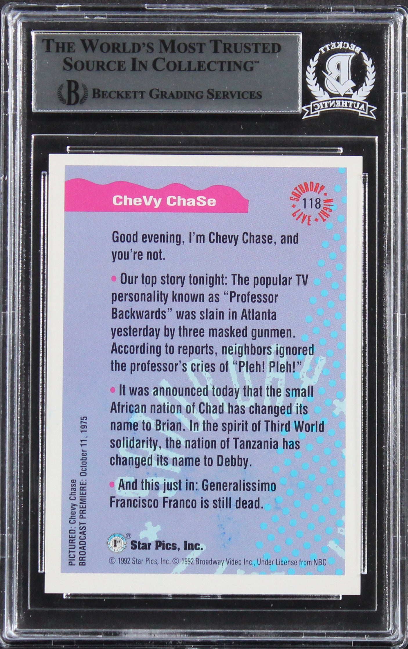 Chevy Chase Authentic Signed 1992 Saturday Night Live #118 Card BAS Slabbed