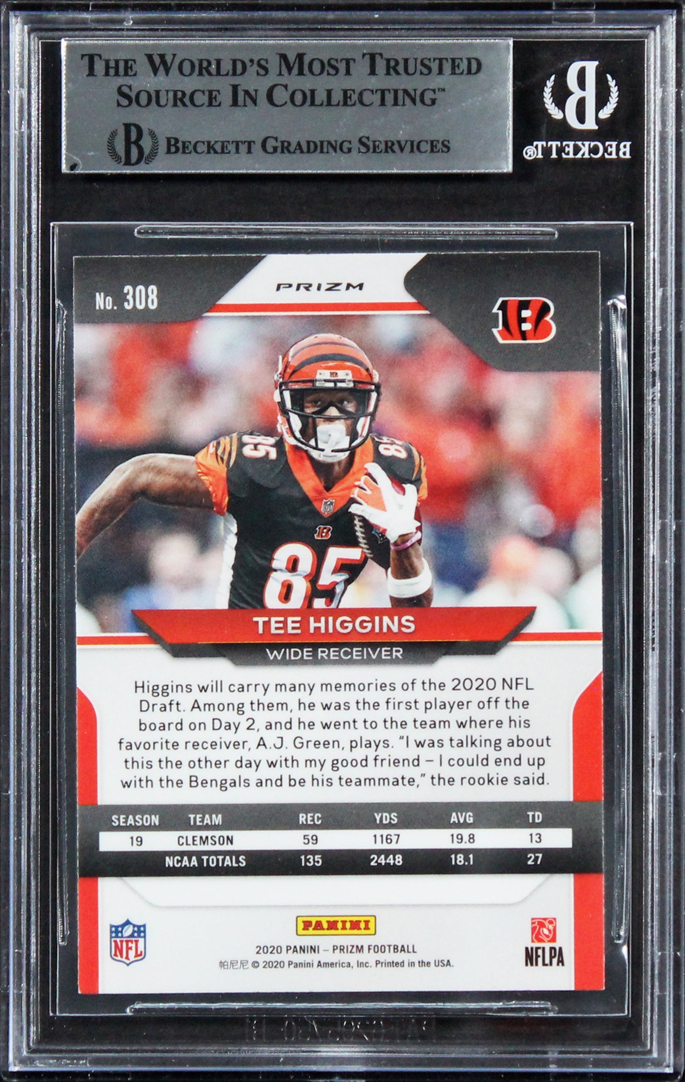 Bengals Tee Higgins Signed 2020 Panini Prizm Orange Lazer #308 RC BAS Slabbed