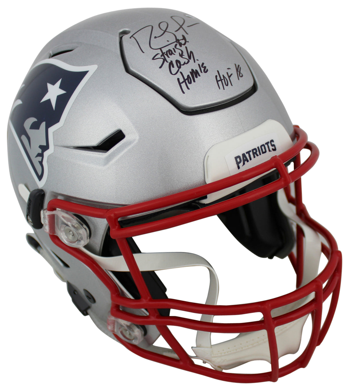 Patriots Randy Moss "SCH HOF 18" Signed Speed Flex Full Size Helmet BAS Witness