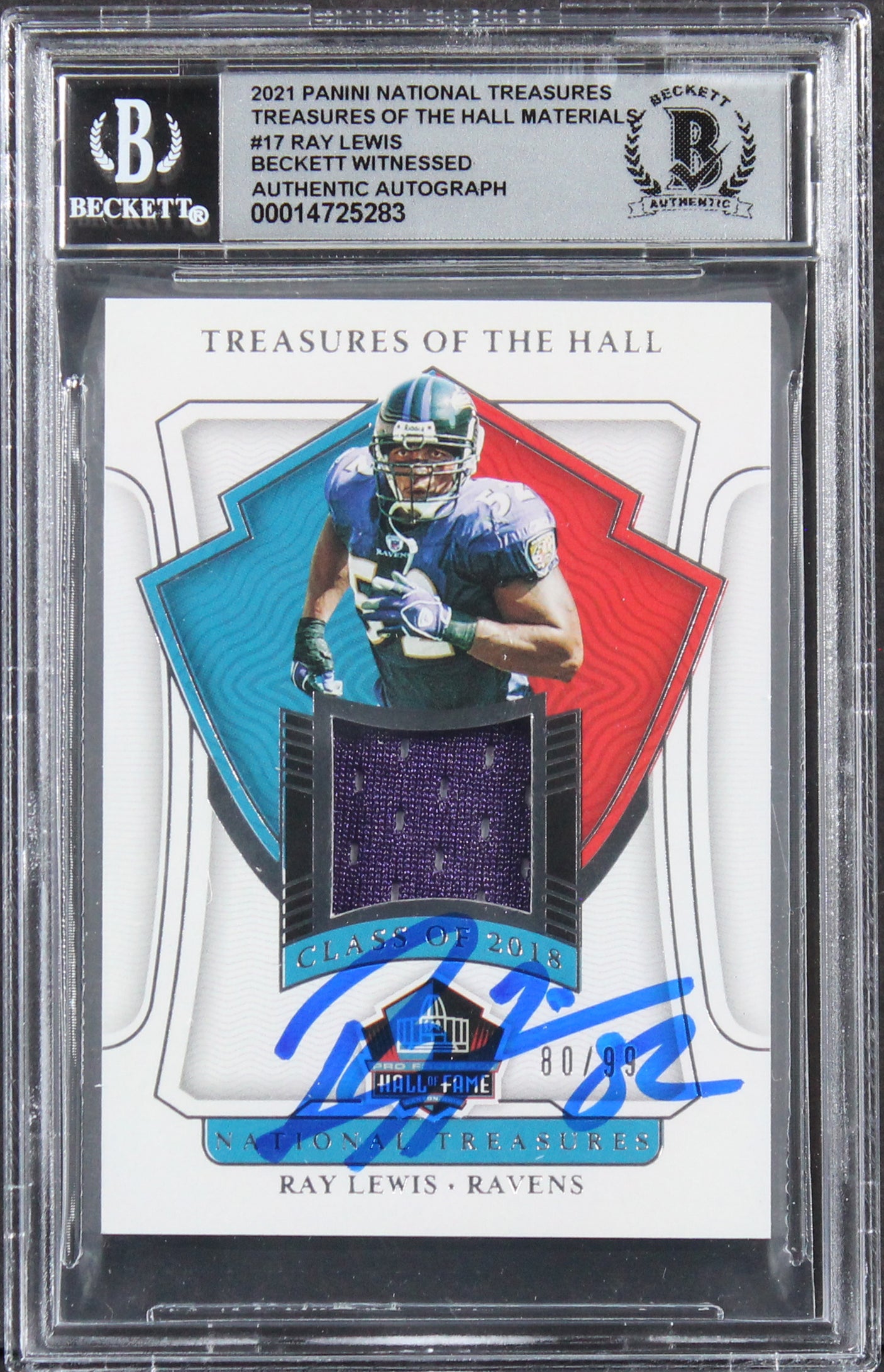 Ray Lewis Signed 2021 Panini National Treasures #17 #80/99 Card Auto 10 BAS Slab