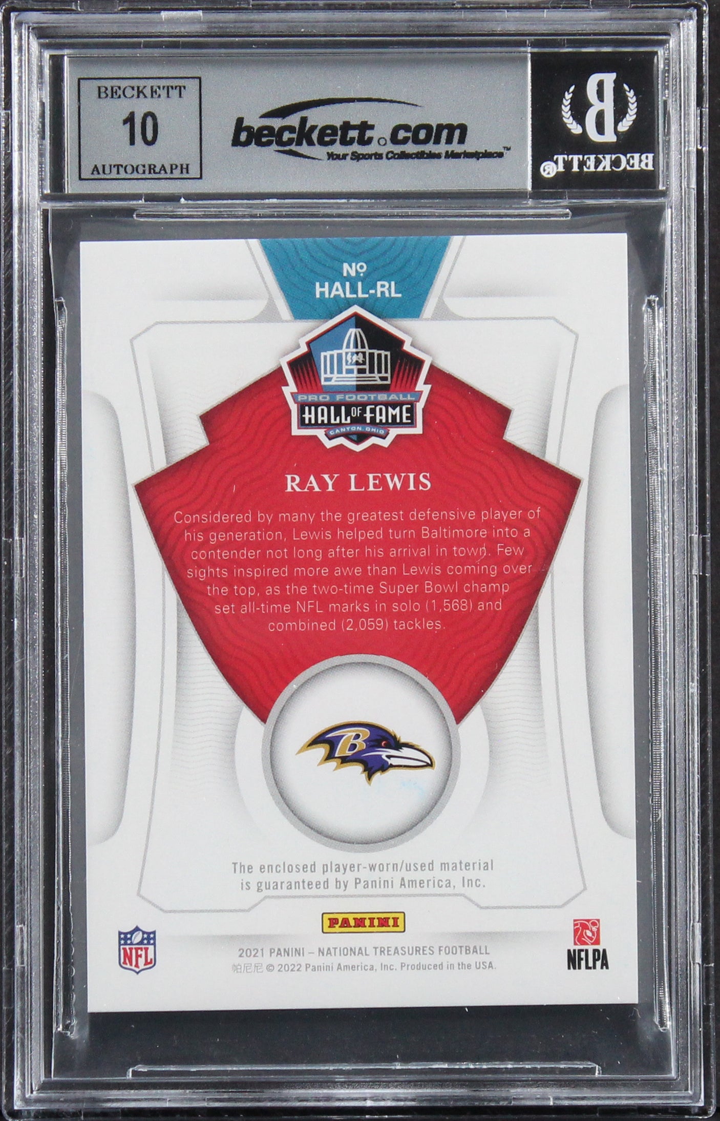 Ray Lewis Signed 2021 Panini National Treasures #17 #80/99 Card Auto 10 BAS Slab