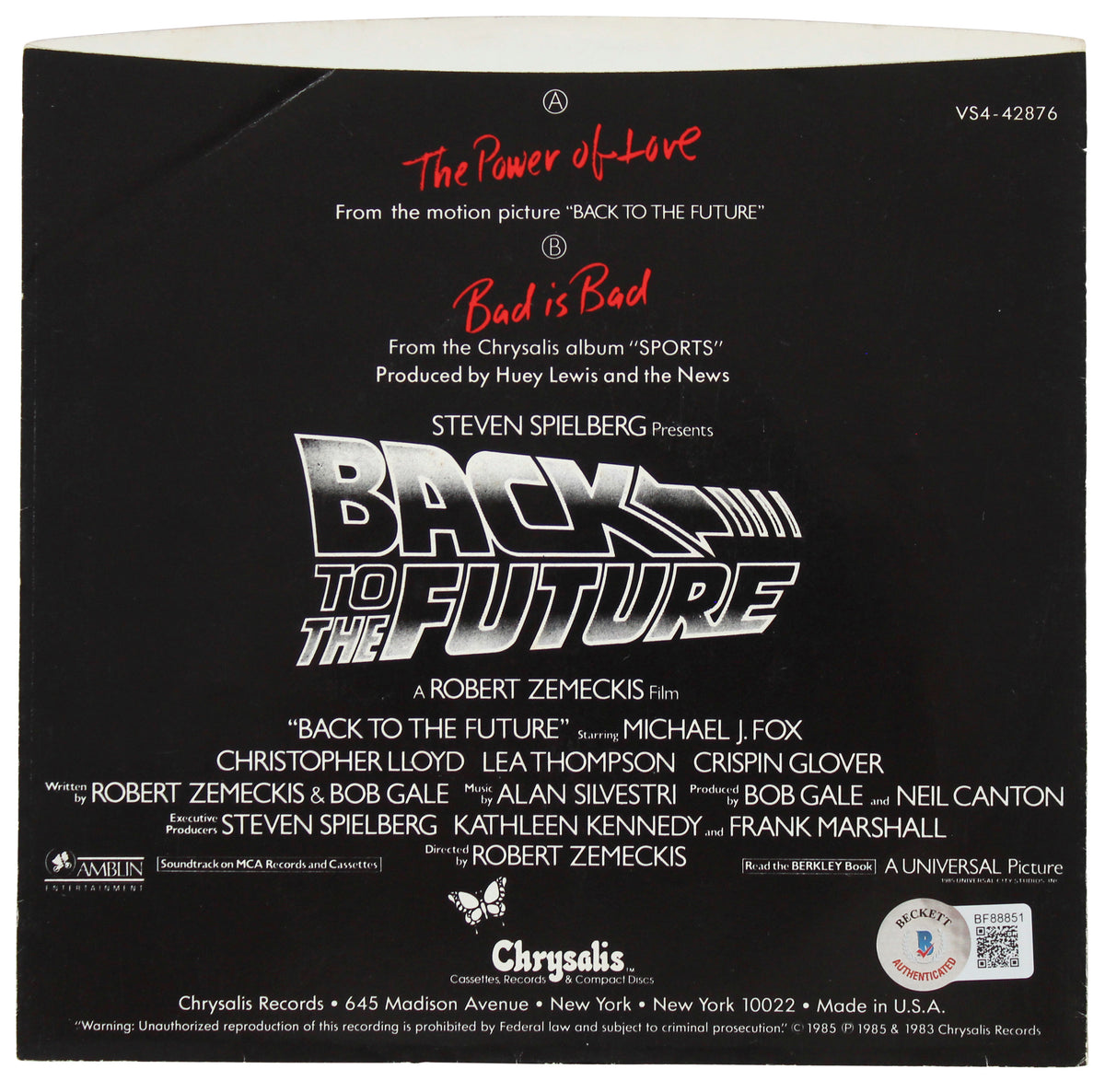 Huey Lewis And The News Signed The Power Of Love 45 RPM Album Cover BAS #BF88851