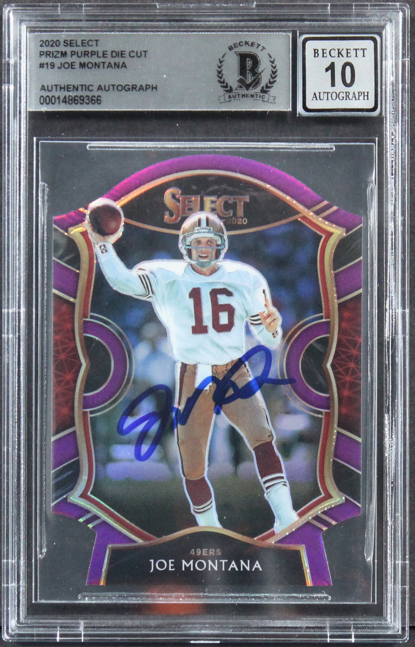 Joe Montana Signed 2020 Select Prizm Purple Die Cut #19 Card Auto 10! BAS Slab