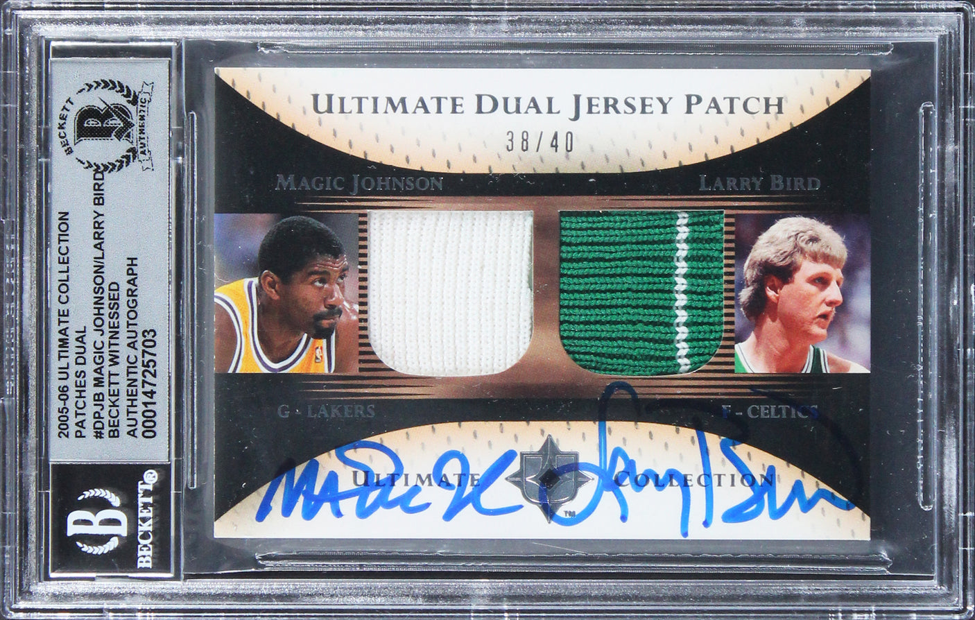 Magic Johnson & Larry Bird Signed 2005 Ultimate Patches DPJB 38/40 Card BAS Slab