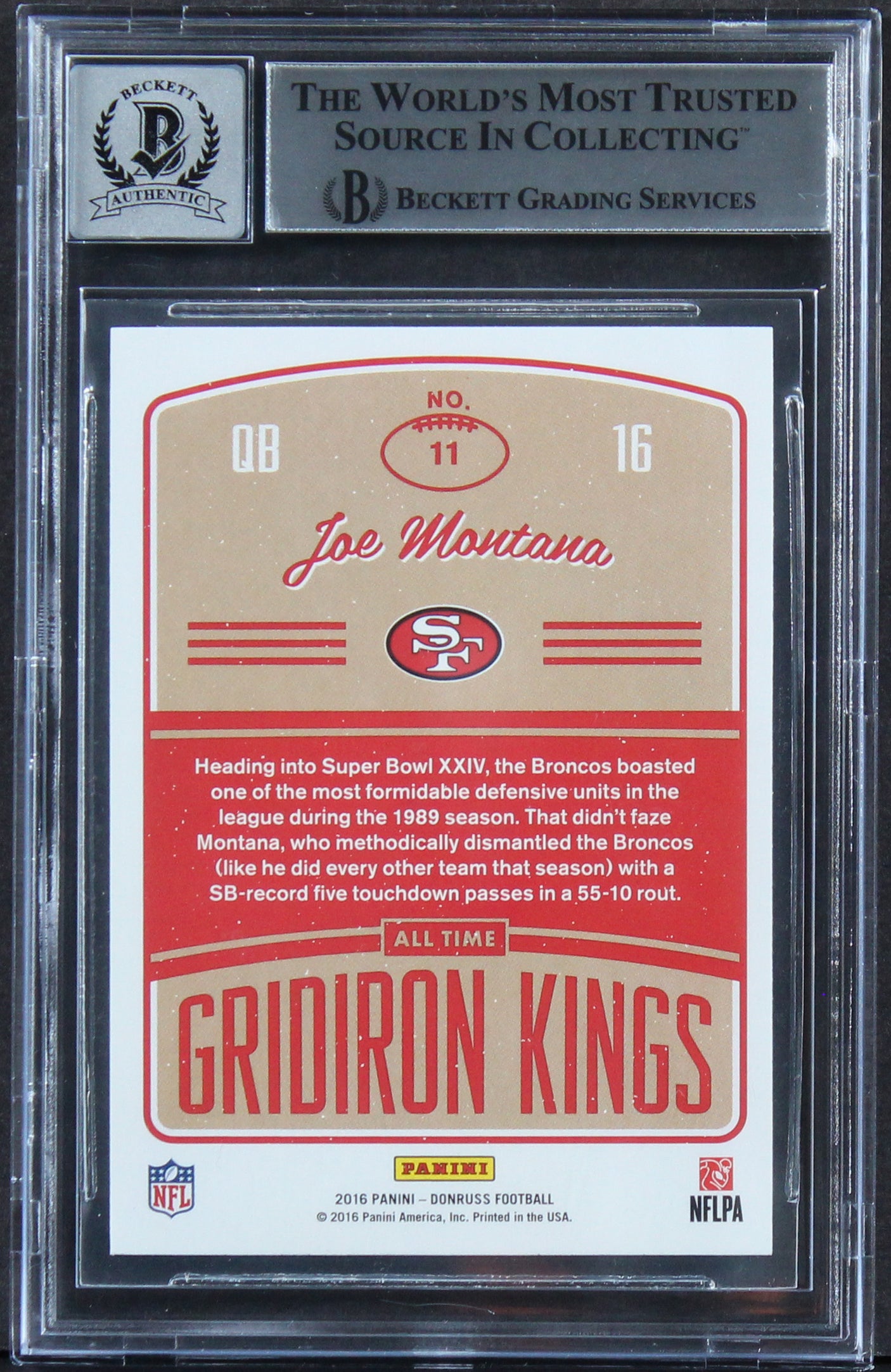 49ers Joe Montana Signed 2016 Donruss Gridiron Kings #11 Card Auto 10! BAS Slab