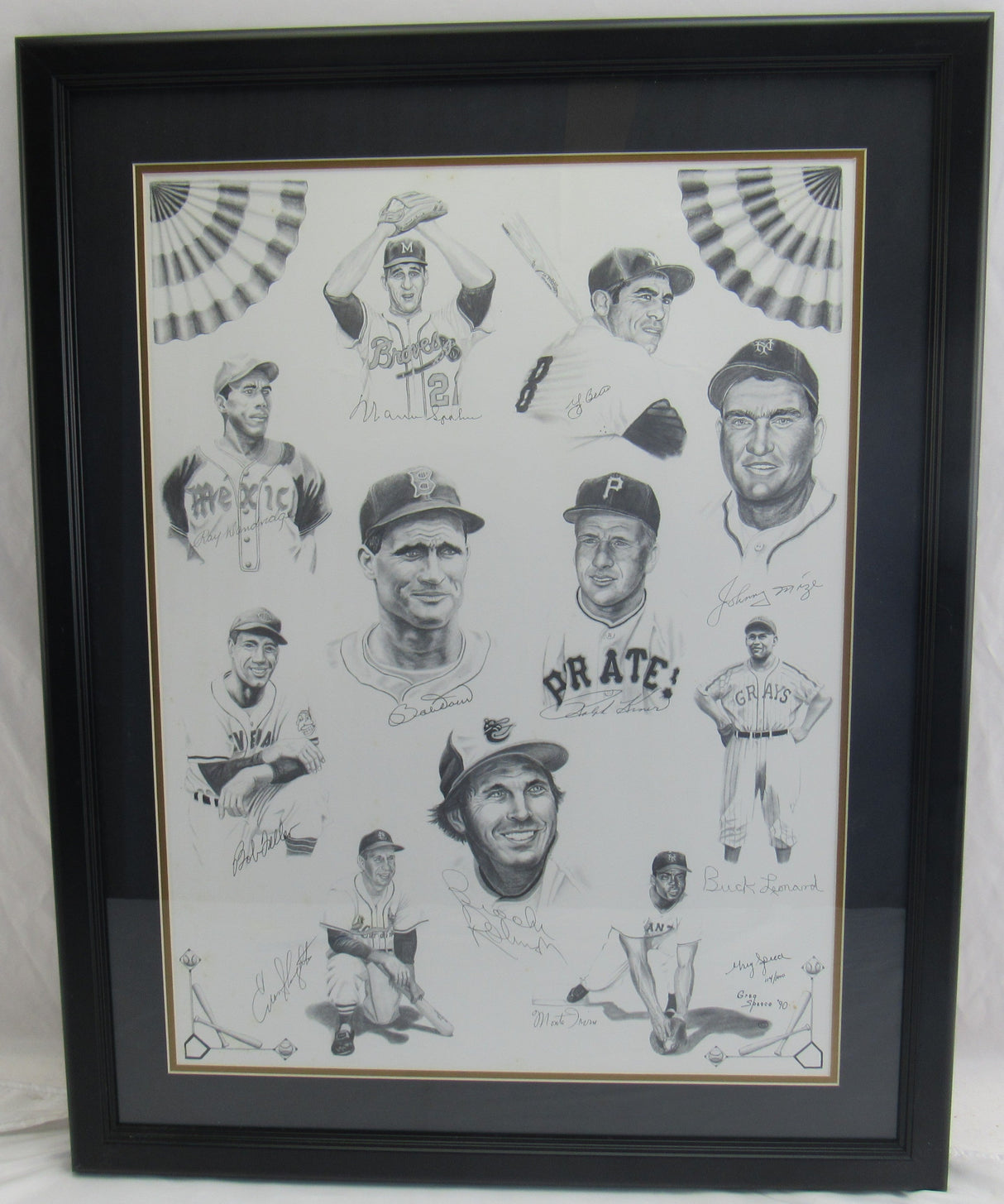 Warren Spahn, Yogi Berra, Ray Dandridge, Johnny Mize, Brooks Robinson, Johnny Pesky, Enos Slaughter, Bob Feller, Monte Irvin, Buck Leonard, Ralph Kiner Muti Signed Framed Baseball Poster