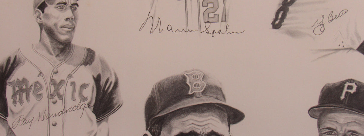 Warren Spahn, Yogi Berra, Ray Dandridge, Johnny Mize, Brooks Robinson, Johnny Pesky, Enos Slaughter, Bob Feller, Monte Irvin, Buck Leonard, Ralph Kiner Muti Signed Framed Baseball Poster