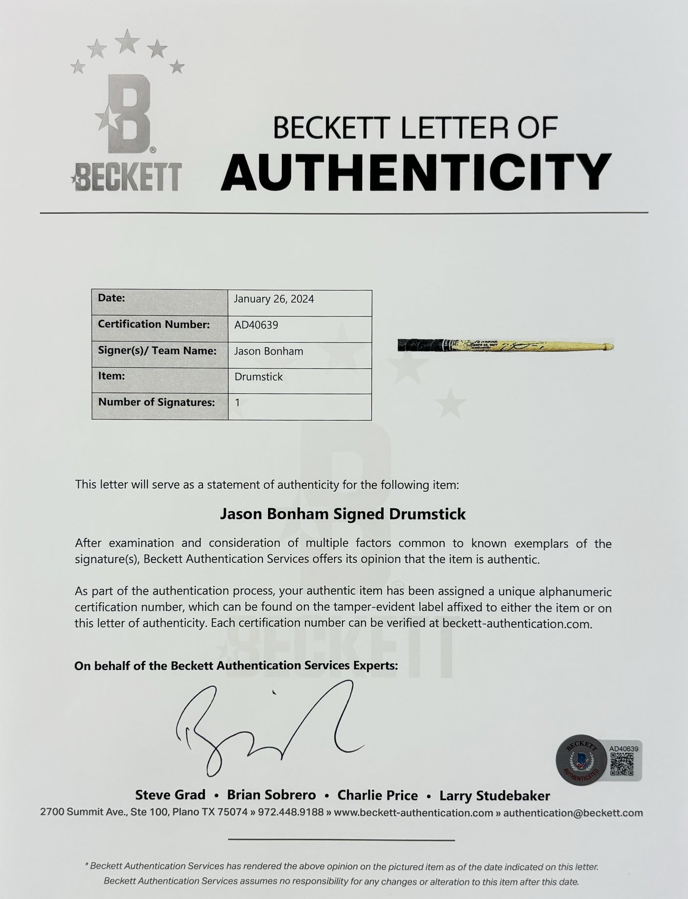 Jason Bonham Led Zeppelin Signed 12/10/2007 O2 Arena Stage Used Drumstick BAS