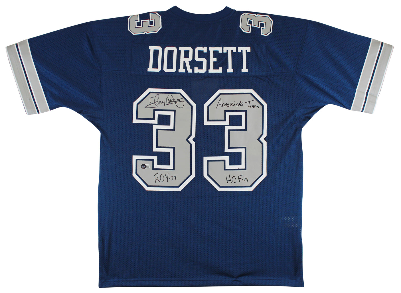 Cowboys Tony Dorsett "3x Insc" Signed Navy Blue M&N Jersey w/ Grey #s BAS Wit