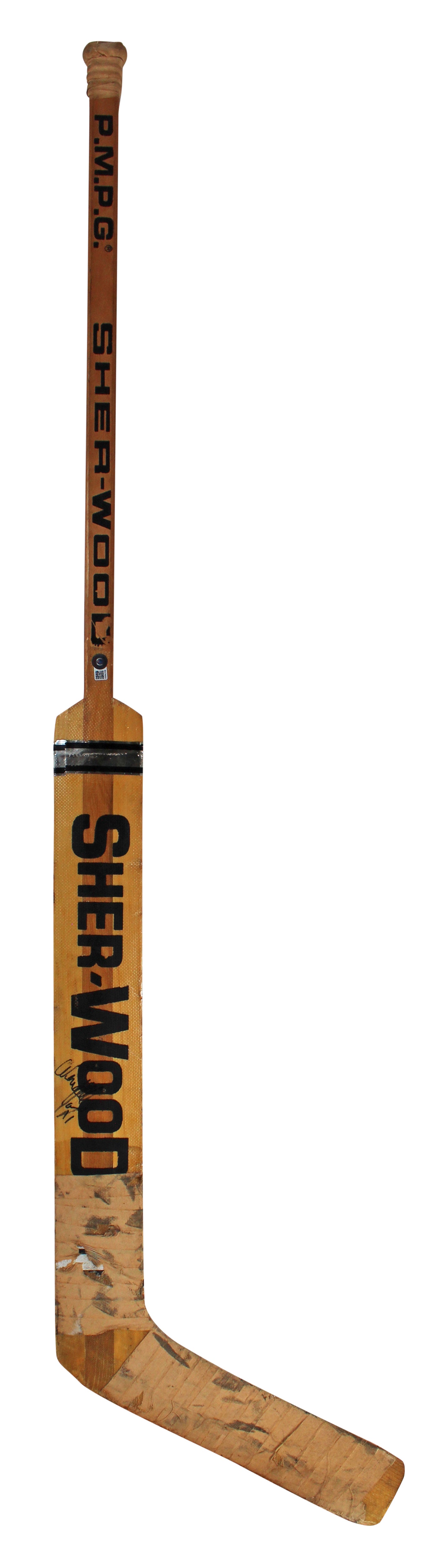 Penguins Wendell Young Signed Game Used Sher-Wood P.M.P.G. Hockey Stick BAS