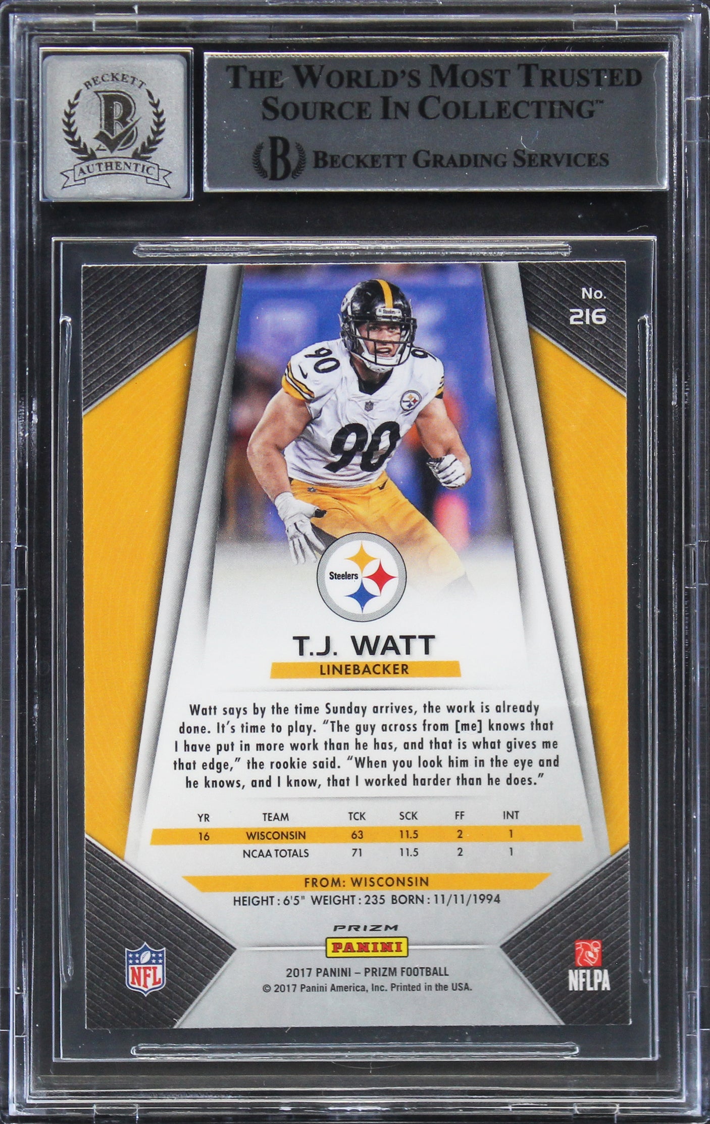 Steelers T.J. Watt Signed 2017 Panini Prizm #216 Rookie Card Auto 10 BAS Slabbed