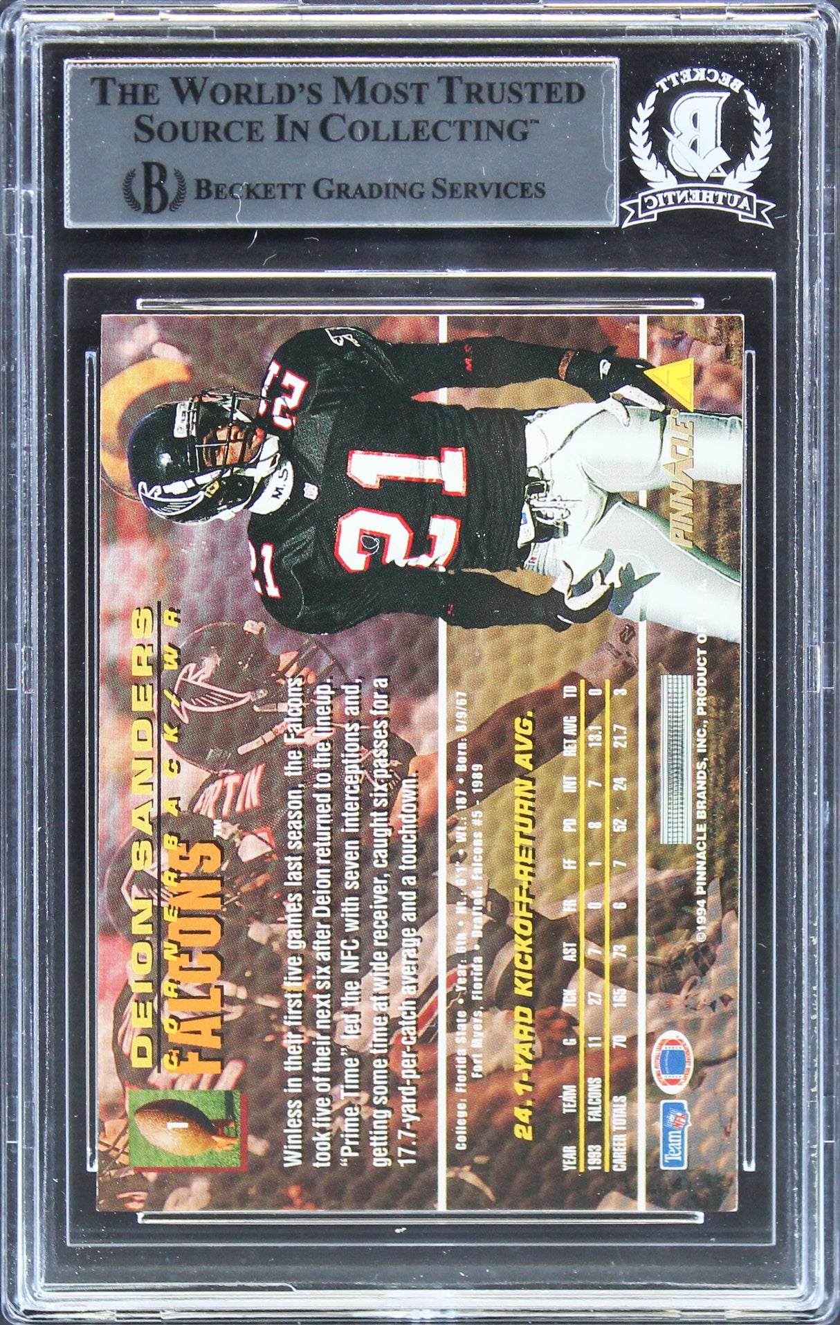 Falcons Deion Sanders Authentic Signed 1994 Pinnacle #1 Card BAS Slabbed