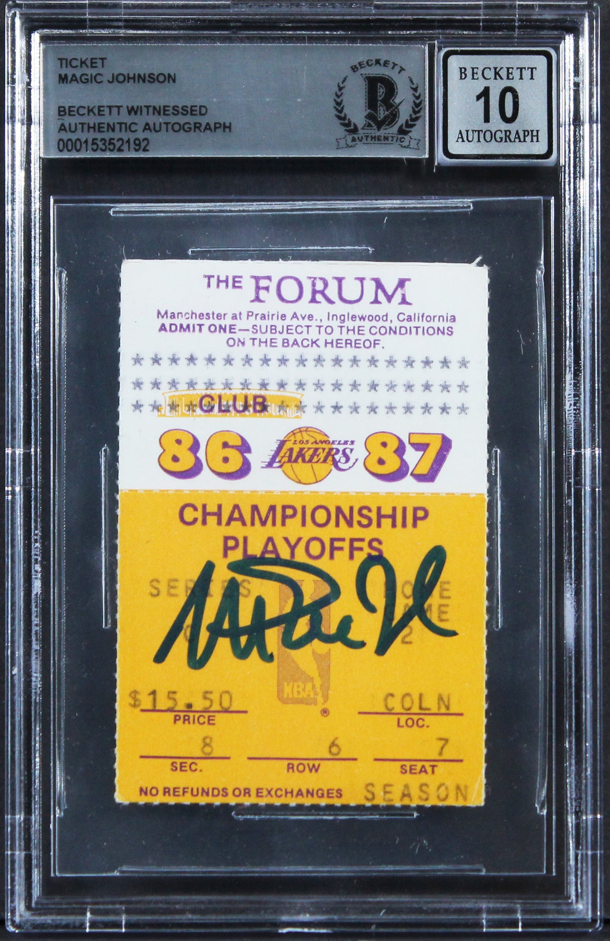 Magic Johnson Signed 1987 WC Finals Sonics/Lakers Ticket Stub Auto 10 BAS Slab