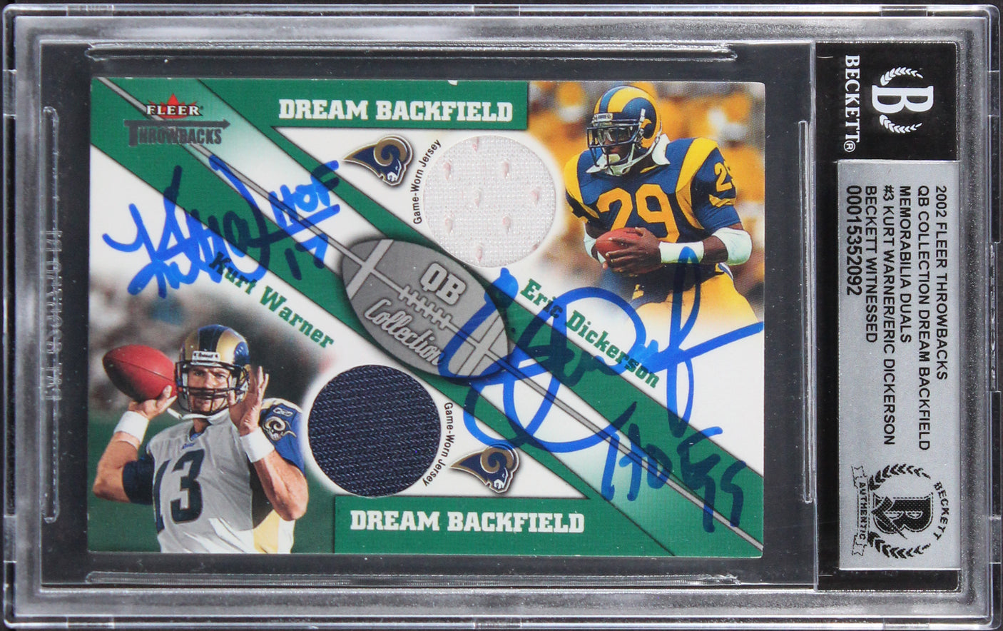 Kurt Warner & Eric Dickerson Signed 2002 Fleer TB QB #3 Card Auto 10! BAS Slab