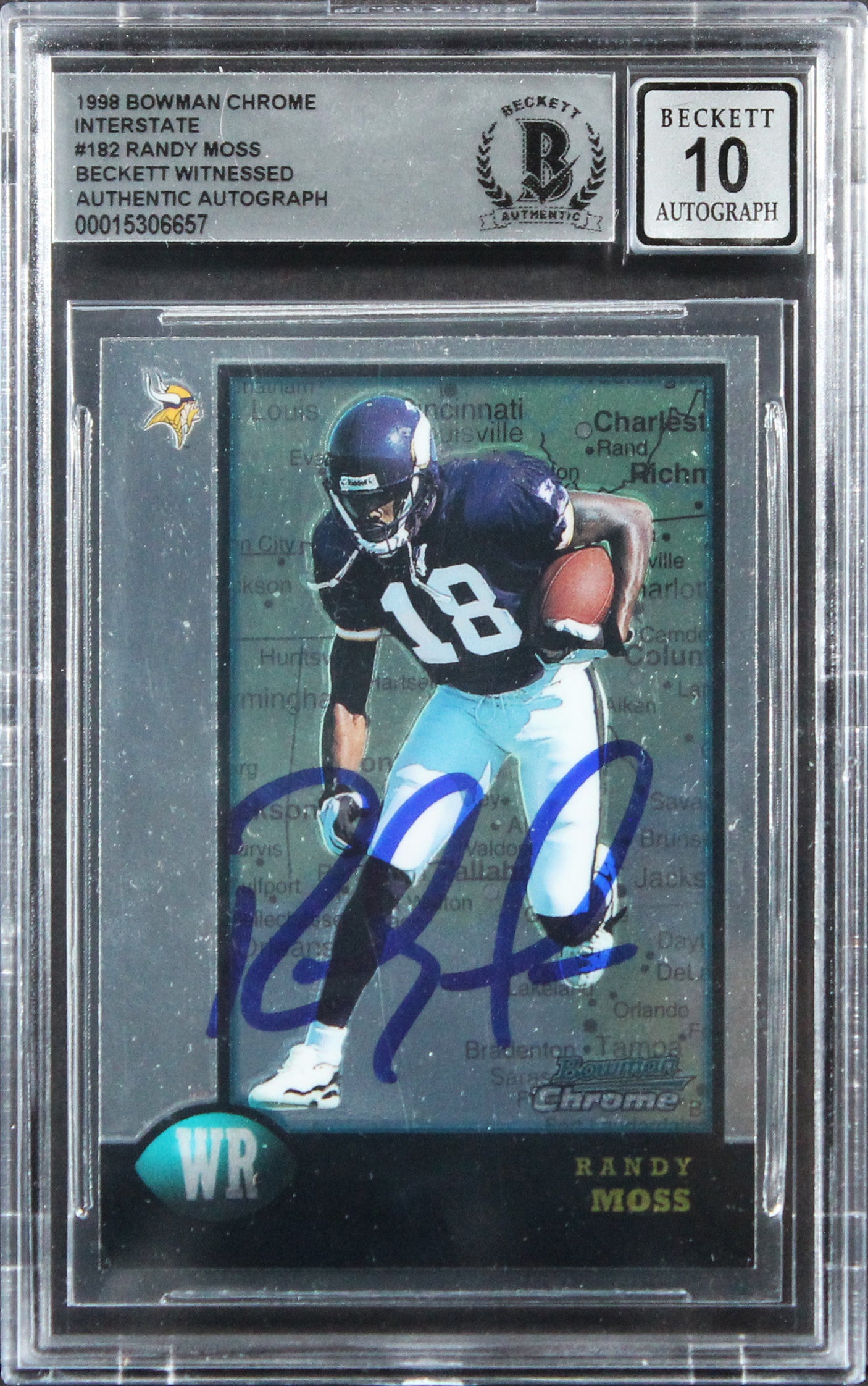 Randy Moss Signed 1998 Bowman Chrome Interstate #182 RC Card Auto 10 BAS Slabbed