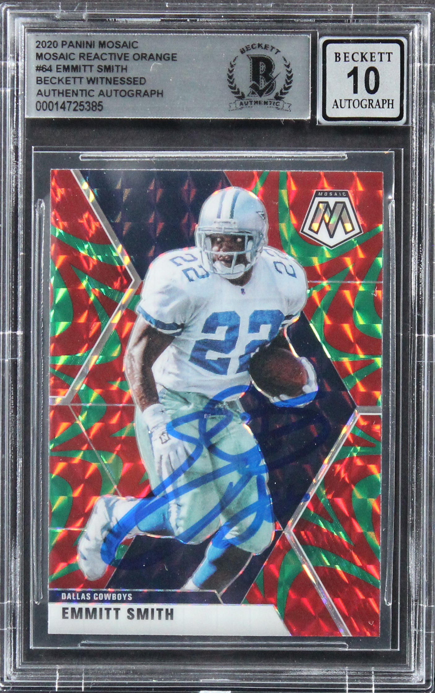 Emmitt Smith Signed 2020 Panini Mosaic Reactive Orange #64 Card Auto 10 BAS Slab