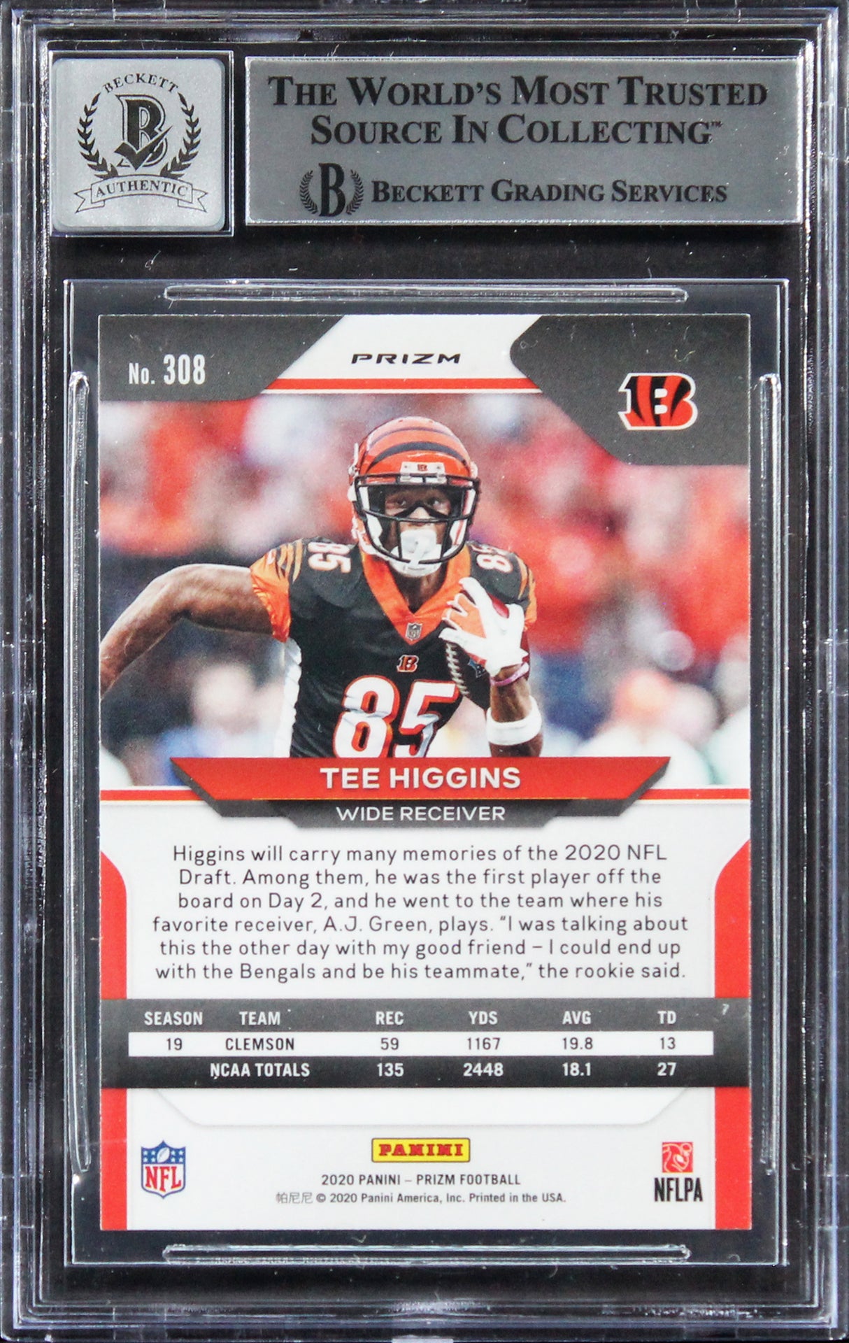 Tee Higgins Signed 2020 Panini Prizm Orange Disco #308 RC Card Auto 10! BAS Slab