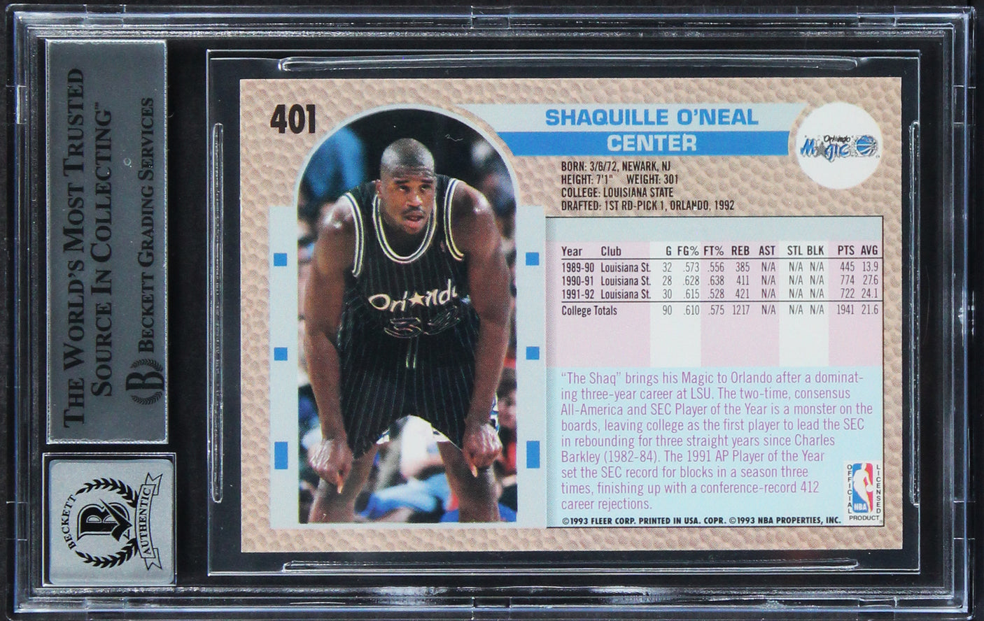 Magic Shaquille O'Neal Signed 1992 Fleer #401 Rookie Card Auto 10! BAS Slabbed