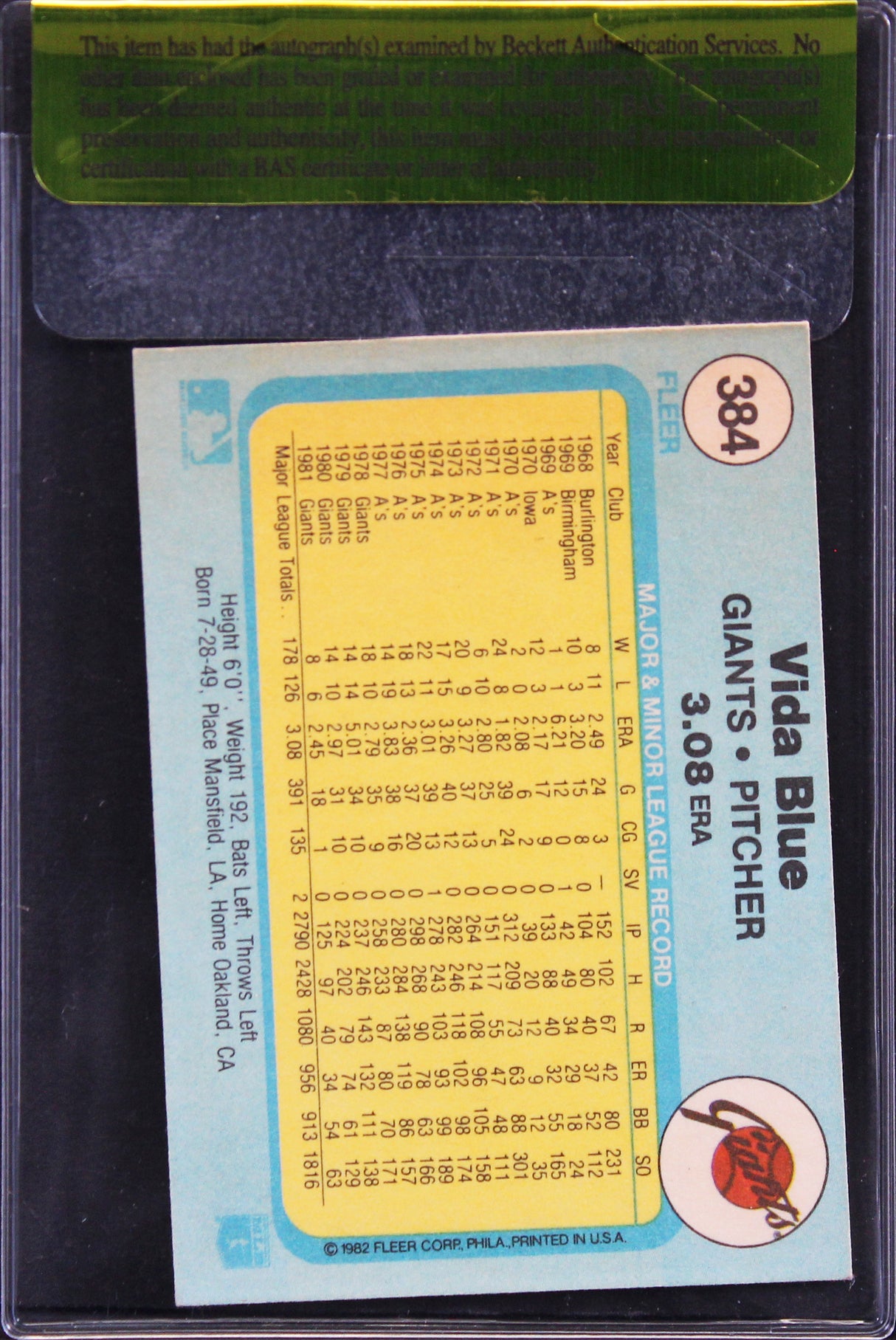 Giants Vida Blue Authentic Signed 1982 Fleer #384 Card BAS #11392