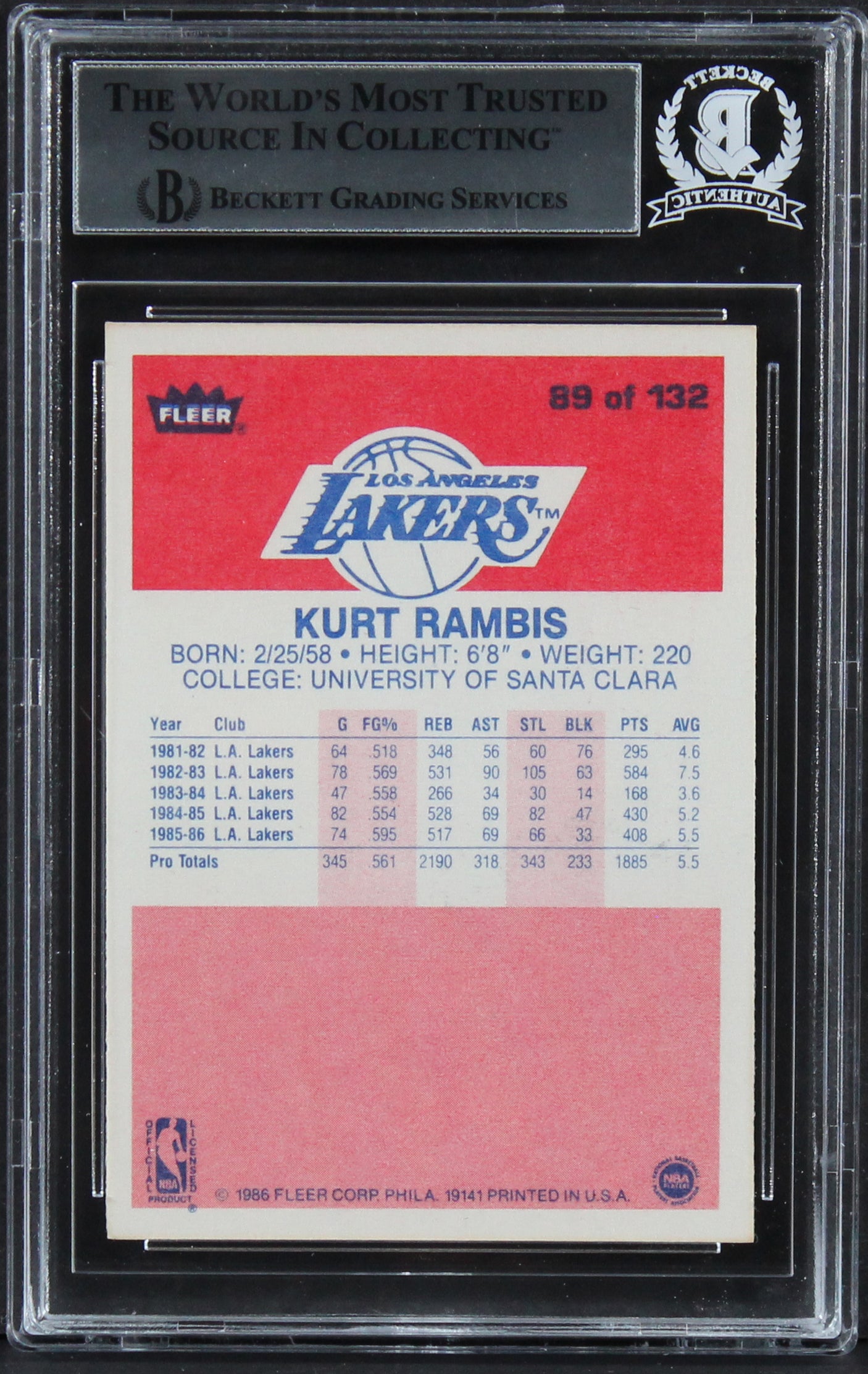 Lakers Kurt Rambis "4x Champ" Signed 1986 Fleer #89 Rookie Card BAS Slabbed