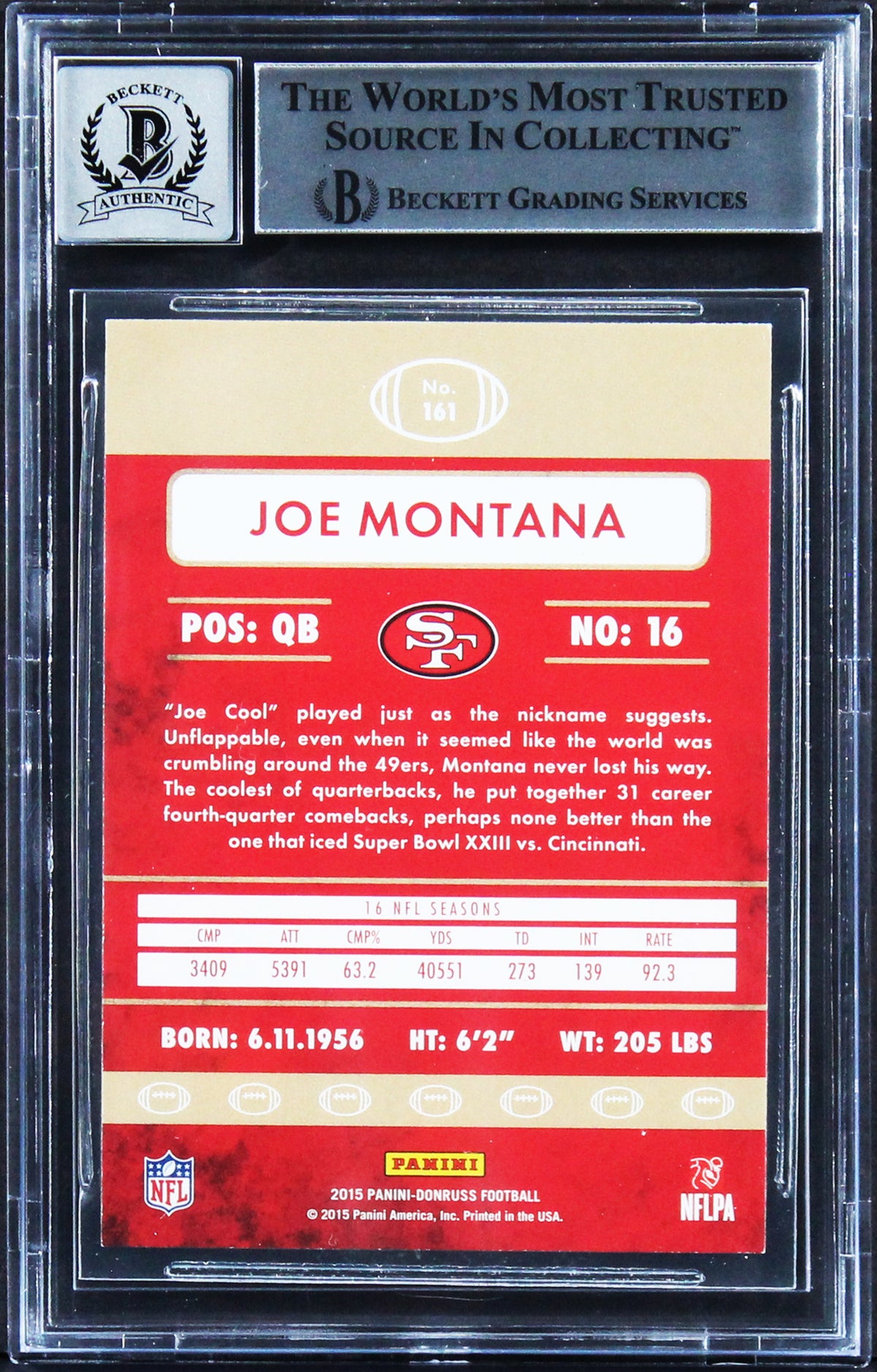 49ers Joe Montana Authentic Signed 2015 Donruss #161 Card Auto 10! BAS Slabbed