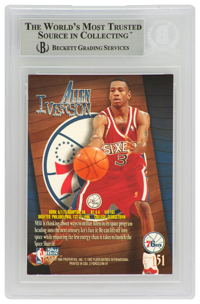 Allen Iverson Signed Philadelphia 76ers 1996-97 Skybox Z Force Rookie Basketball Card #73 (Beckett Encapsulated)