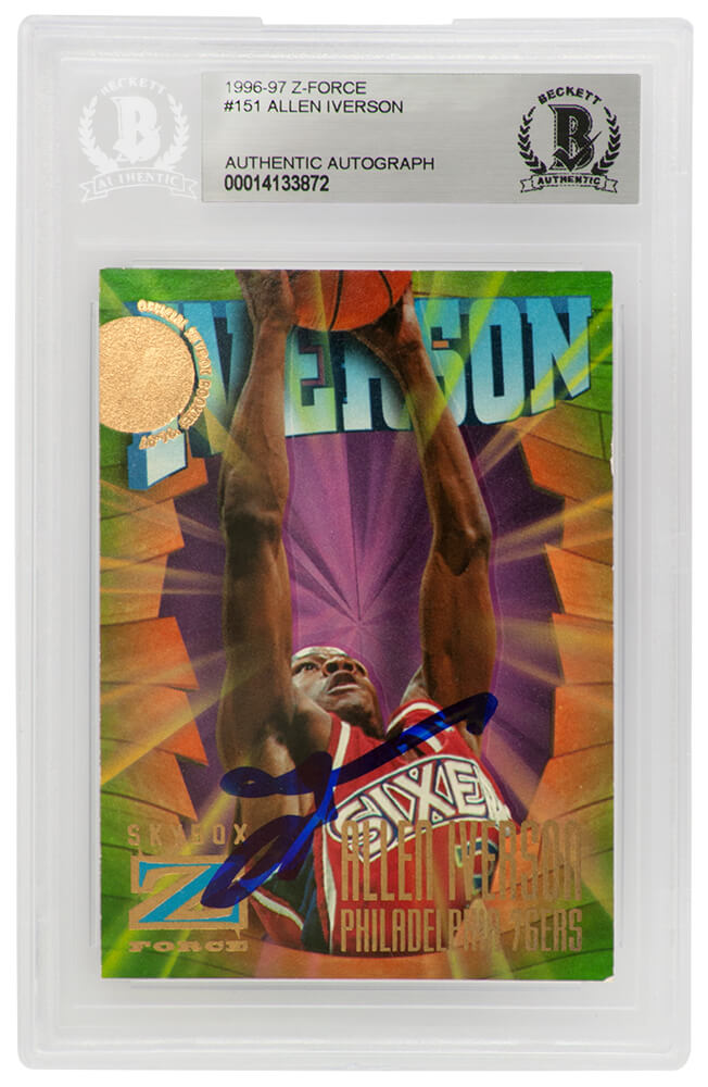 Allen Iverson Signed Philadelphia 76ers 1996-97 Skybox Z Force Rookie Basketball Card #73 (Beckett Encapsulated)