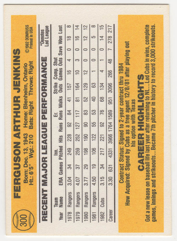 Fergie Jenkins Signed Chicago Cubs 1983 Donruss Baseball Trading Card #300