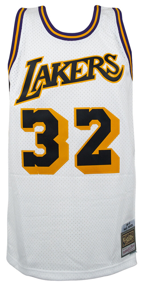 Magic Johnson Signed Los Angeles Lakers White With Black Numbers M&N NBA Swingman Basketball Jersey