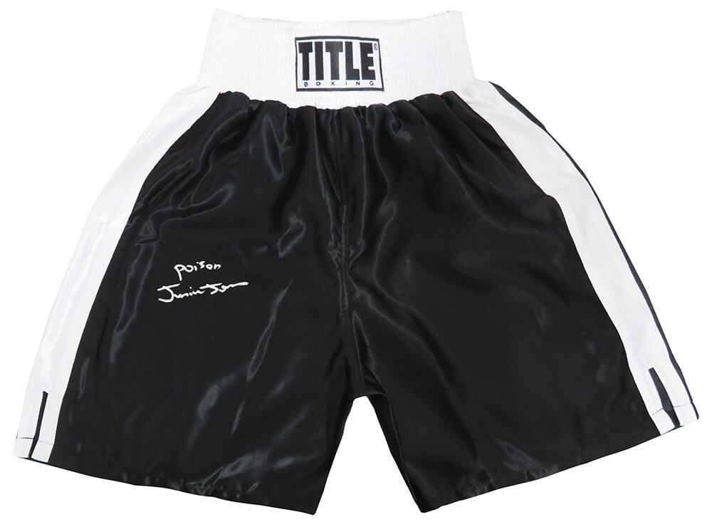 Junior Jones Signed Title Black With White Trim Boxing Trunks w/Poison