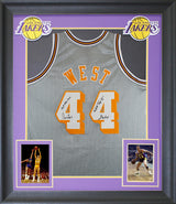 Lakers Jerry West "3x Insc" Signed Grey M&N HWC Swingman Framed Jersey BAS Wit