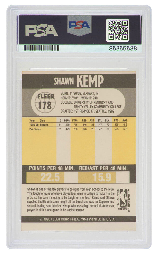 Shawn Kemp Signed Supersonics 1990 Fleer Rookie Basketball Card #178 - (PSA Encapsulated)