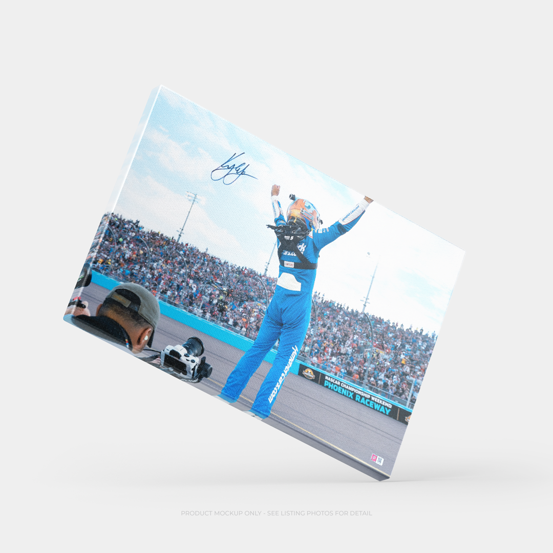 Kyle Larson Signed 2021 NASCAR Cup Championship Winner Celebration 20x32 Gallery Wrapped Photo on SpeedCanvas (PA)