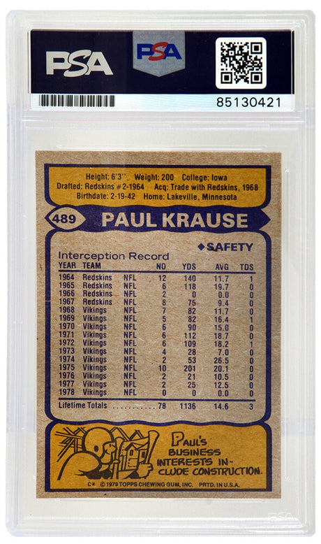 Paul Krause Signed Minnesota Vikings 1979 Topps Football Card #489 - (PSA/DNA Encapsulated)