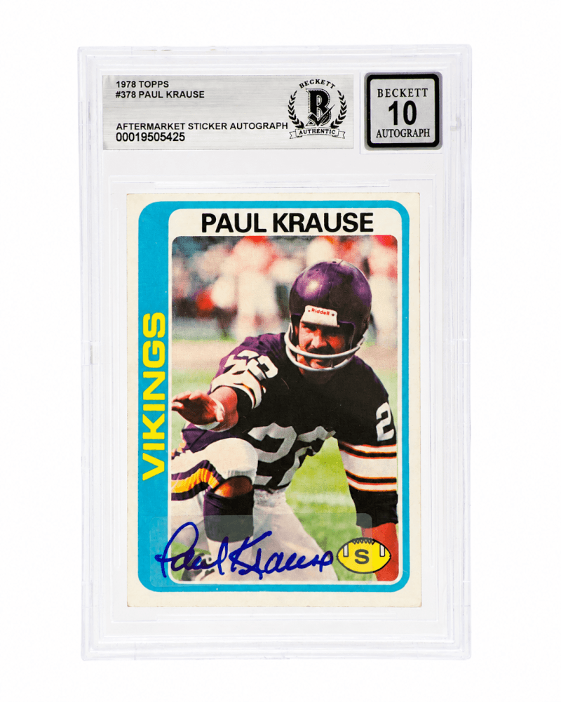 Paul Krause Signed Minnesota Vikings 1978 Topps Football Card #378 - (Beckett - Auto Sticker - Grade 10)