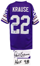 Paul Krause Signed Purple Custom Throwback Football Jersey w/HOF'98