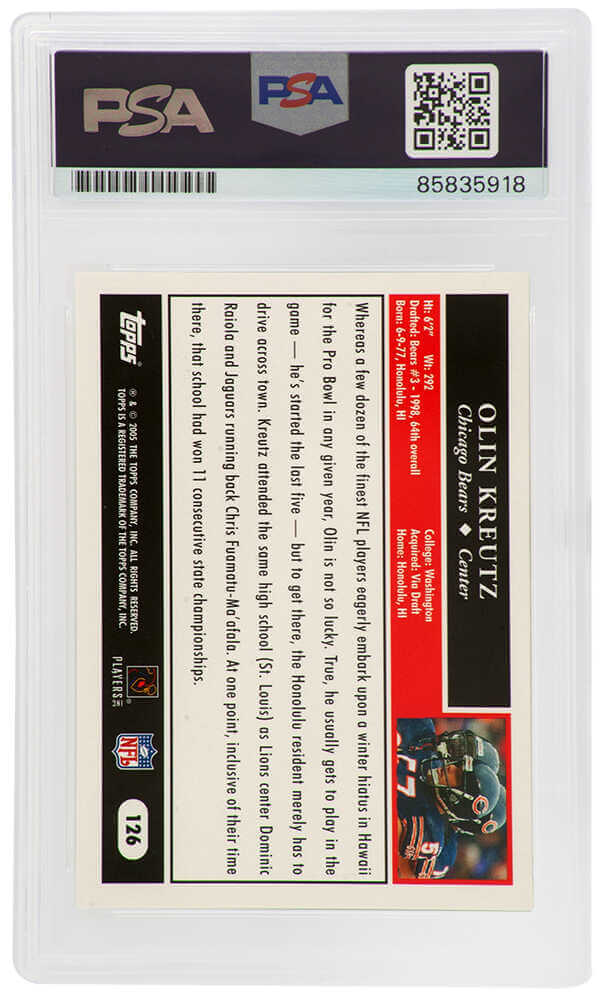 Olin Kreutz Signed Chicago Bears 2005 Topps Football Trading Card #126 - (PSA Encapsulated)