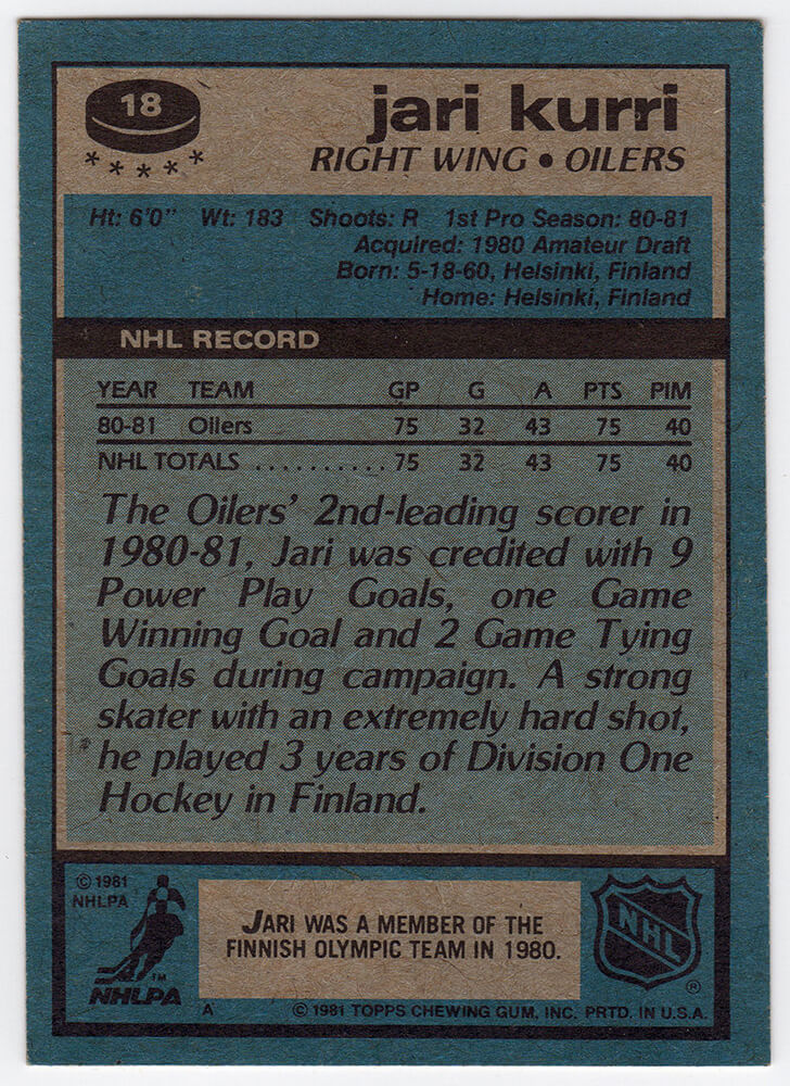 Jari Kurri Signed Edmonton Oilers 1981-82 Topps Rookie Hockey Card #18 w/HOF'01