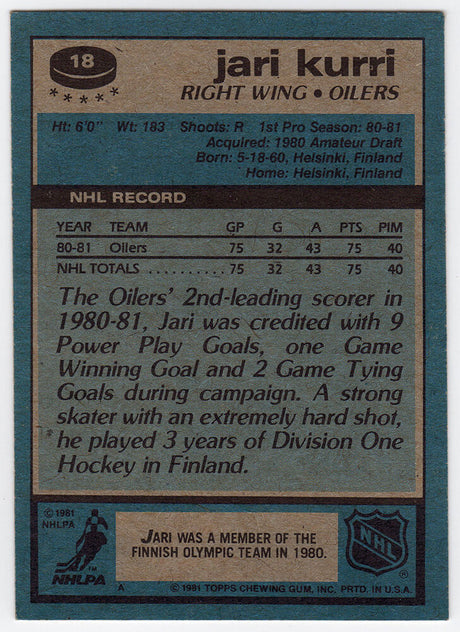 Jari Kurri Signed Edmonton Oilers 1981-82 Topps Rookie Hockey Card #18 w/HOF'01