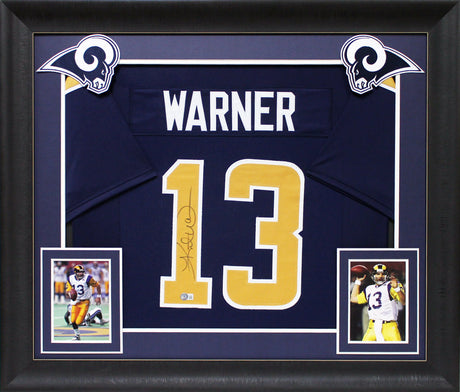 Kurt Warner Authentic Signed Navy Blue Pro Style Framed Jersey BAS Witnessed