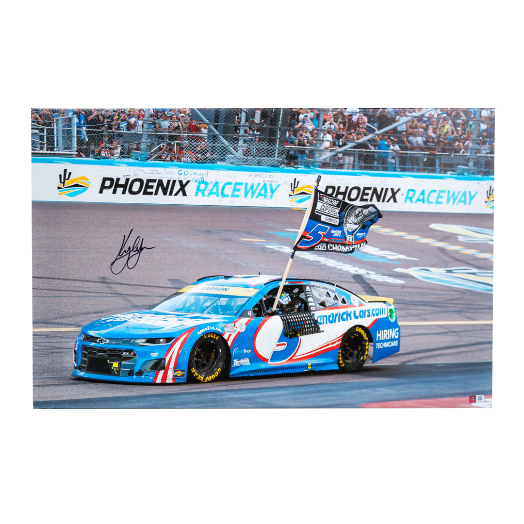 Kyle Larson Signed 2021 NASCAR Cup Championship Celebration 20x32 Gallery Wrapped Photo on SpeedCanvas (PA)