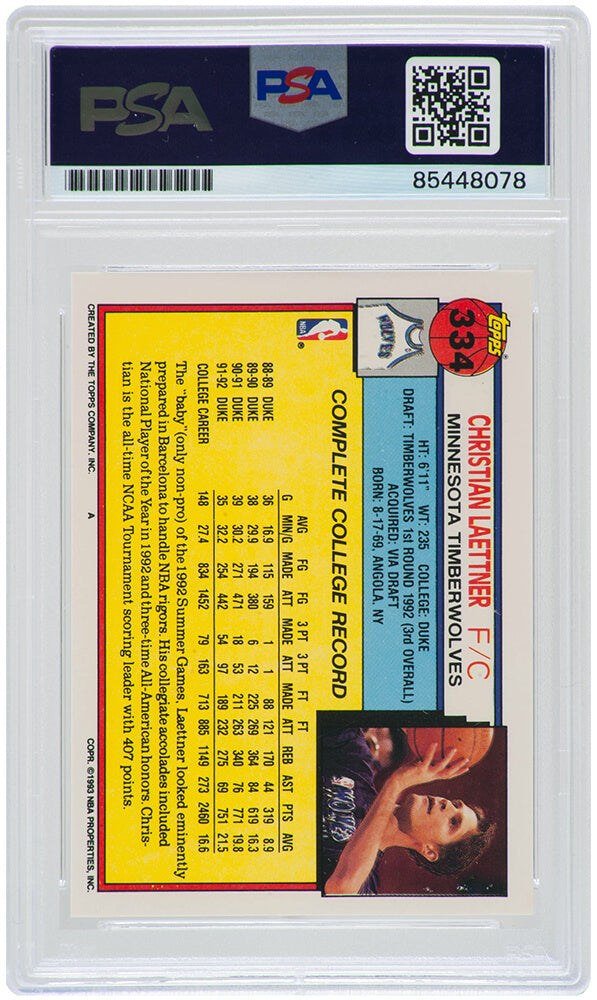 Christian Laettner Signed Timberwolves 1992-93 Topps Rookie Basketball Card #334 - (PSA Encapsulated)